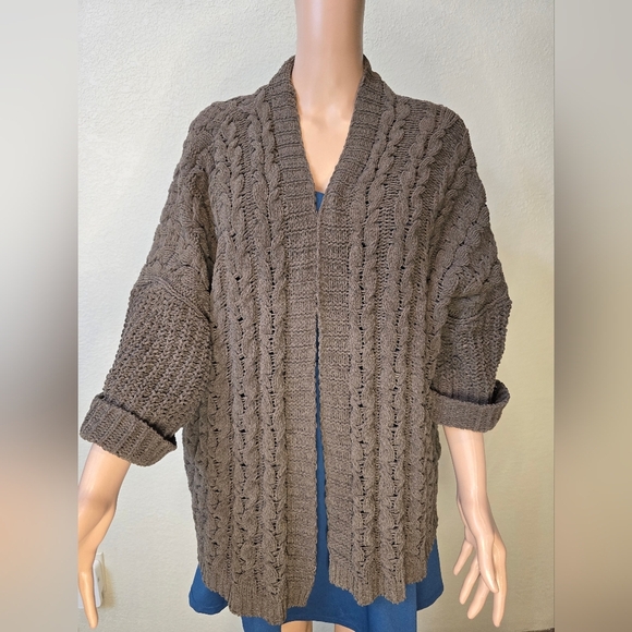 Umgee Cardigan Sweater Women's S/M Brown Chenille Cable Knit Open Front Boho - Picture 1 of 10